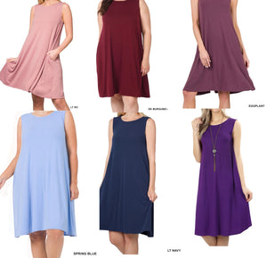 Sleeveless swing dresses-side pockets