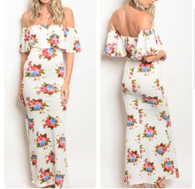 Load image into Gallery viewer, White Off shoulder ruffled trumpet maxi dress
