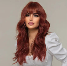 Load image into Gallery viewer, Red long wavy wig with bangs - color Claret
