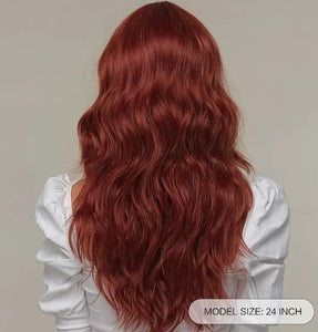 Red long wavy wig with bangs - color Claret